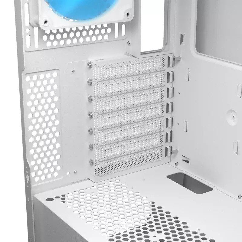 COUGAR PC Midi Tower korpuss Airface FLO ARGB Balts — 2x180mm priekšā, 1x120mm aizmugurē, atbalsta 2.5 collu/3.5 collu HDD, 240×480×509 mm