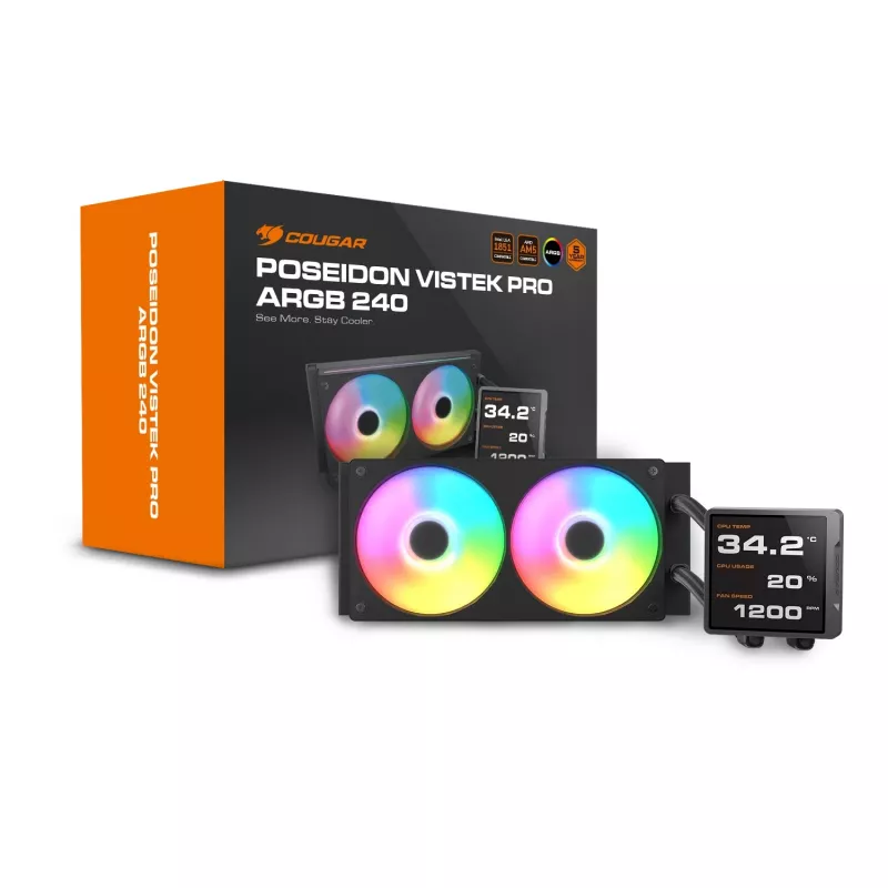 Viss vienā CPU šķidruma dzesētājs Cougar Poseidon Vistek Pro 240, ARGB, 120 mm ventilatori, 700–2500 RPM, Melns