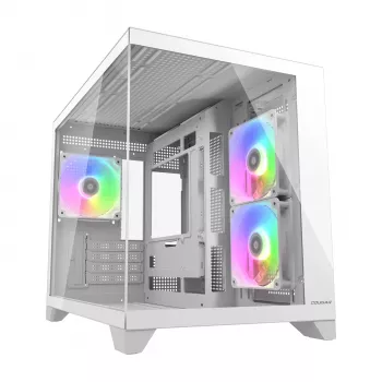 Mini Tornis PC Korpuss Cougar FV150 ARGB Balts — Micro-ATX / Mini-ITX, sānu logs, 2x120mm + 1x120mm ventilatori, 2.5 collu un 3.5 collu sloti