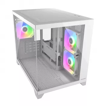 Mini Tornis PC Korpuss Cougar FV150 ARGB Balts — Micro-ATX / Mini-ITX, sānu logs, 2x120mm + 1x120mm ventilatori, 2.5 collu un 3.5 collu sloti