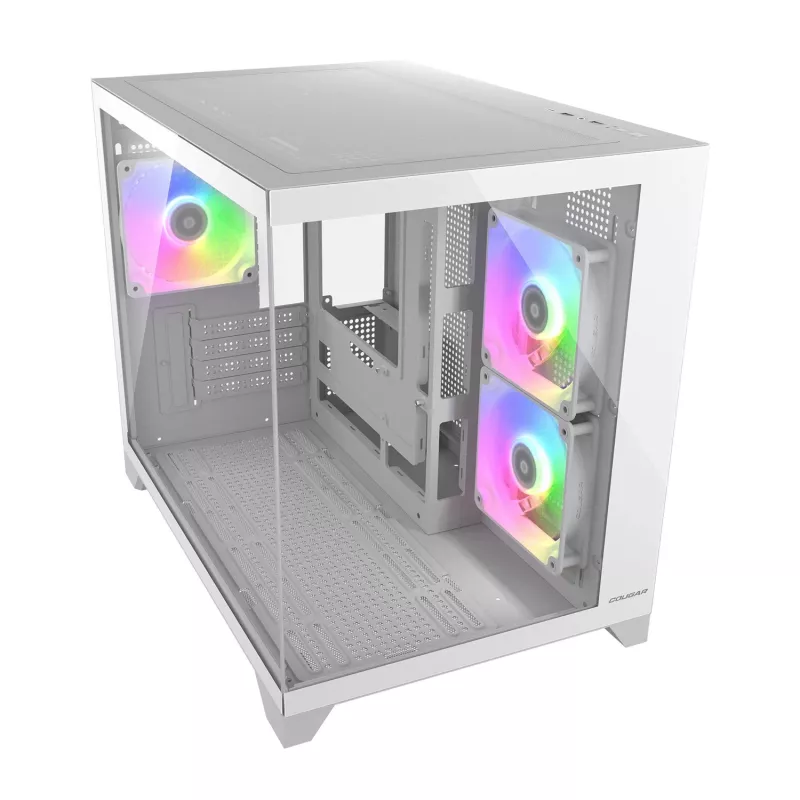 Mini Tornis PC Korpuss Cougar FV150 ARGB Balts — Micro-ATX / Mini-ITX, sānu logs, 2x120mm + 1x120mm ventilatori, 2.5 collu un 3.5 collu sloti