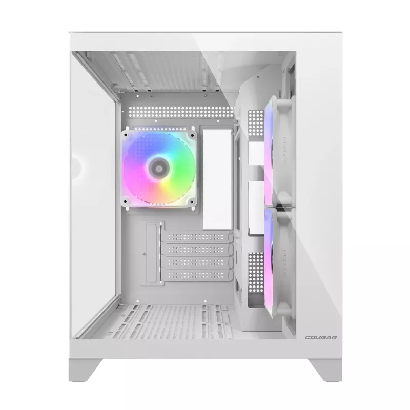 Mini Tornis PC Korpuss Cougar FV150 ARGB Balts — Micro-ATX / Mini-ITX, sānu logs, 2x120mm + 1x120mm ventilatori, 2.5 collu un 3.5 collu sloti