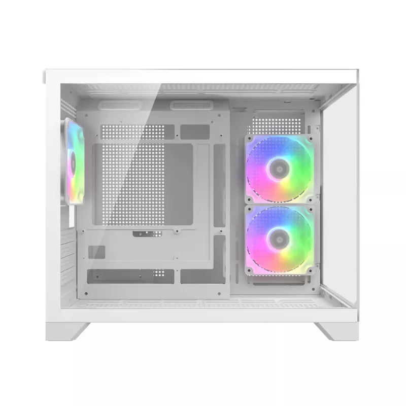 Mini Tornis PC Korpuss Cougar FV150 ARGB Balts — Micro-ATX / Mini-ITX, sānu logs, 2x120mm + 1x120mm ventilatori, 2.5 collu un 3.5 collu sloti