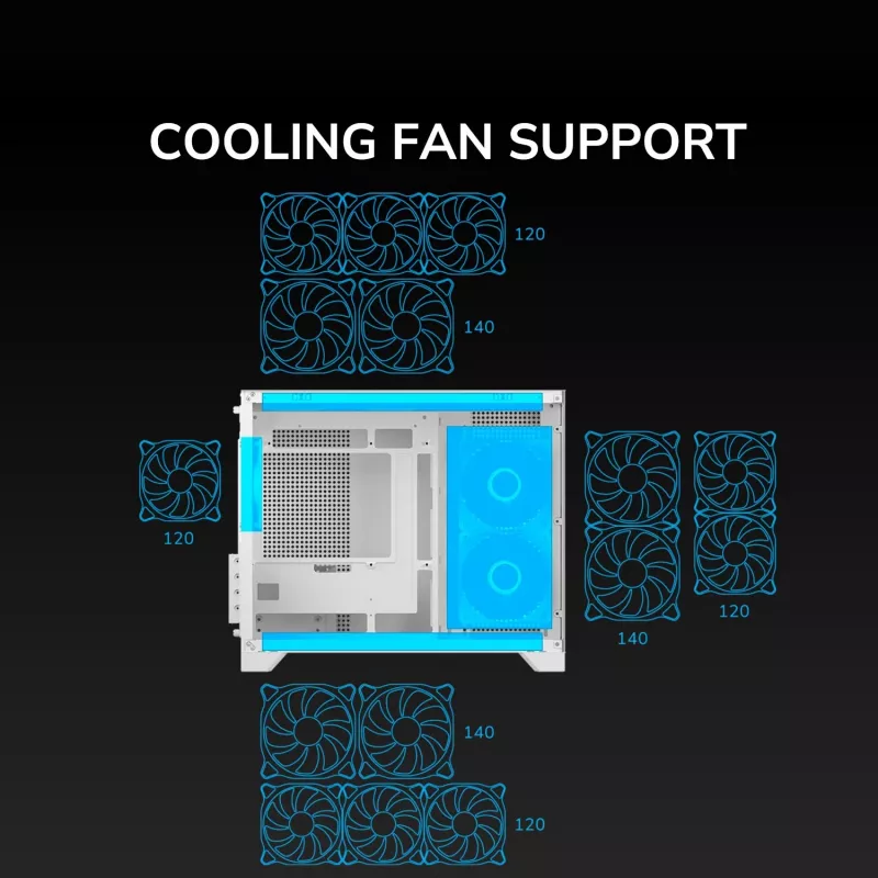 Mini Tornis PC Korpuss Cougar FV150 ARGB Balts — Micro-ATX / Mini-ITX, sānu logs, 2x120mm + 1x120mm ventilatori, 2.5 collu un 3.5 collu sloti