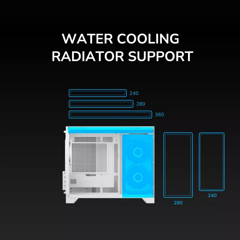 Mini Tornis PC Korpuss Cougar FV150 ARGB Balts — Micro-ATX / Mini-ITX, sānu logs, 2x120mm + 1x120mm ventilatori, 2.5 collu un 3.5 collu sloti