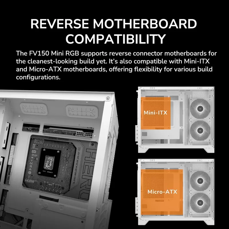 Mini Tornis PC Korpuss Cougar FV150 ARGB Balts — Micro-ATX / Mini-ITX, sānu logs, 2x120mm + 1x120mm ventilatori, 2.5 collu un 3.5 collu sloti