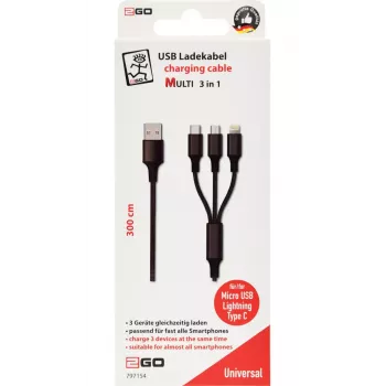 USB kabelis 2GO 797154 3m USB B USB-C/Micro-USB B/Lightning Melns