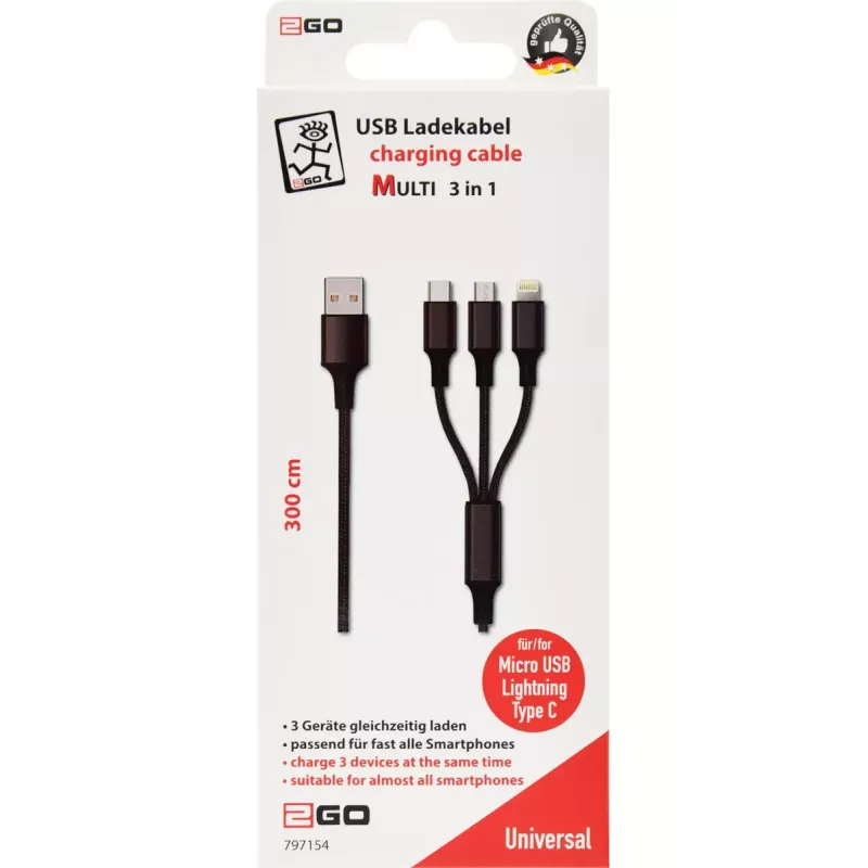 USB kabelis 2GO 797154 3m USB B USB-C/Micro-USB B/Lightning Melns