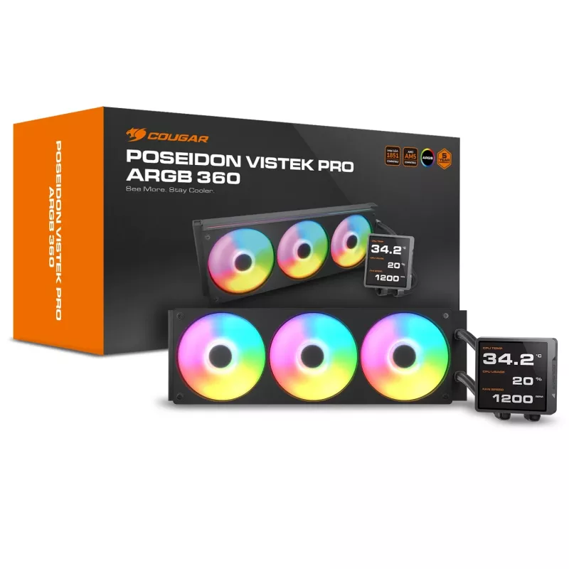 Viss vienā CPU šķidruma dzesētājs Cougar Poseidon Vistek Pro 360, ARGB, 120 mm ventilatori, Melns, daudzligzdu atbalsts
