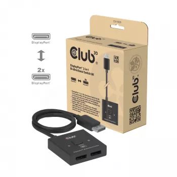 CLUB3D CSV-1009 DisplayPort 2-in-1 divvirzienu slēdzis — 2x DisplayPort izejas, 8K@60Hz, melns