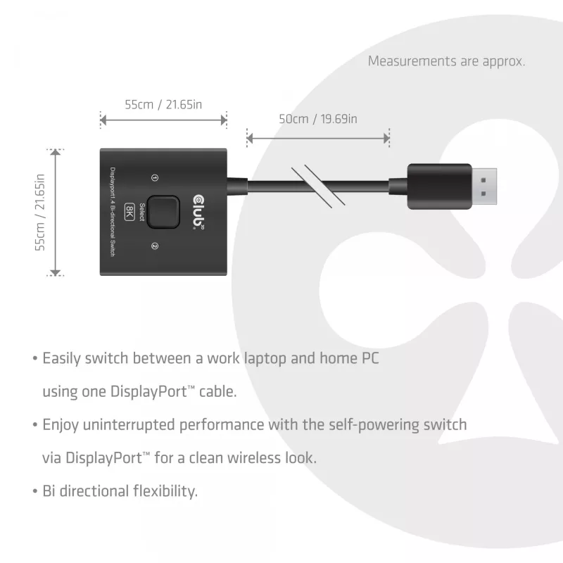 CLUB3D CSV-1009 DisplayPort 2-in-1 divvirzienu slēdzis — 2x DisplayPort izejas, 8K@60Hz, melns
