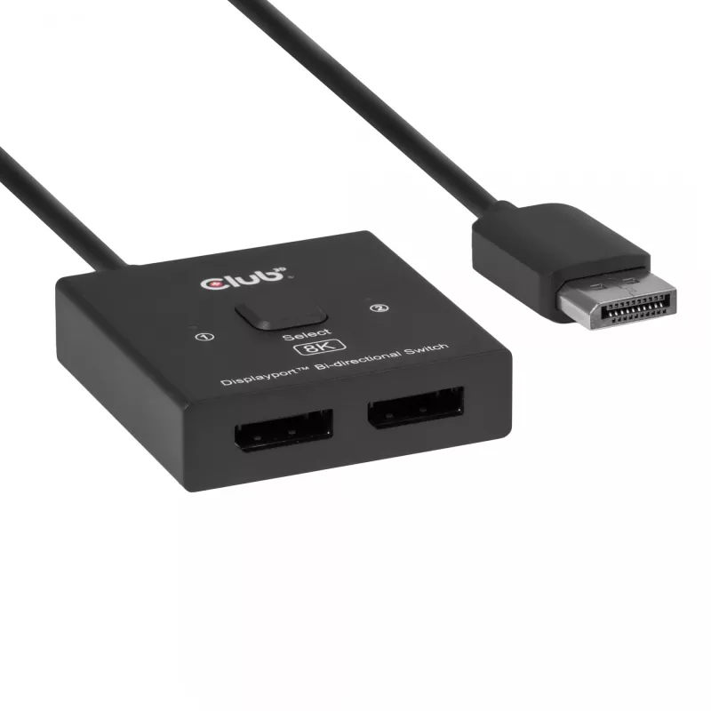 CLUB3D CSV-1009 DisplayPort 2-in-1 divvirzienu slēdzis — 2x DisplayPort izejas, 8K@60Hz, melns