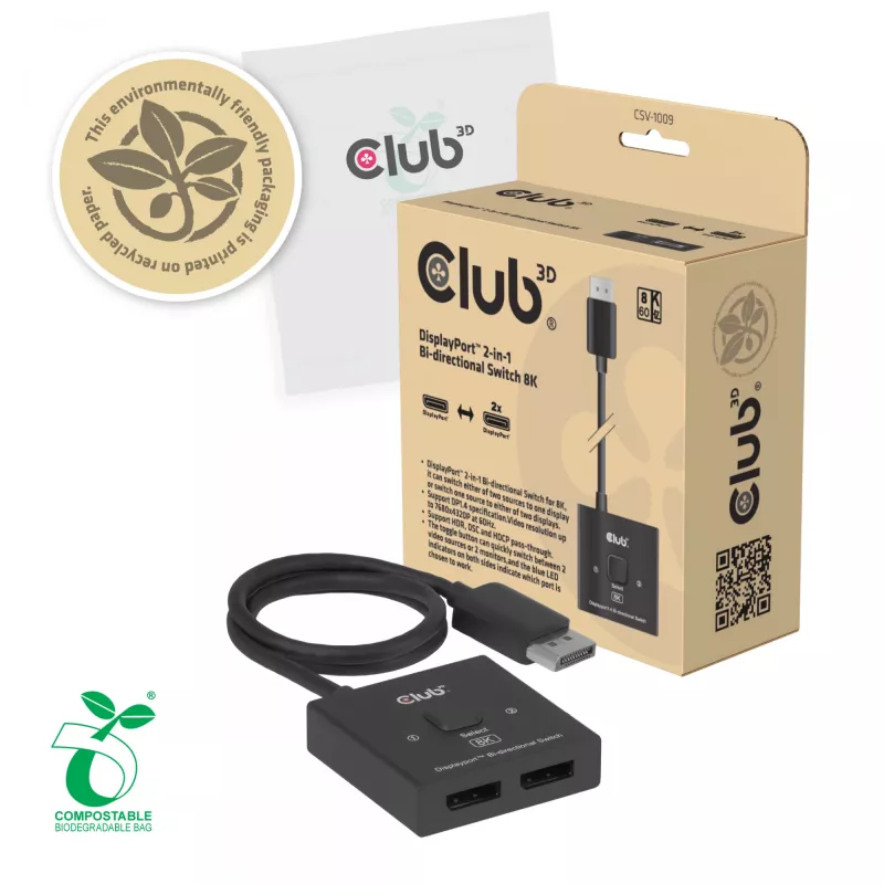 CLUB3D CSV-1009 DisplayPort 2-in-1 divvirzienu slēdzis — 2x DisplayPort izejas, 8K@60Hz, melns