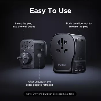 Indoorā mobilā lādētāja UGREEN 55001 — 2× USB-C, 100–240V, ātrā uzlāde, melns/pelēks