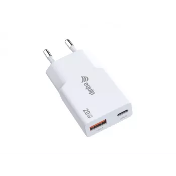 EQUIP 2-Portu 20W GaN Plāns USB PD Lādētājs — USB-C x1, USB-A x1, Ieeja 100–240V, Maks. Izeja 12V, Balts
