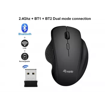 EQUIP 6-pogu divrežīmu uzlādējama bezvadu pele — labā roka, optiskā 1600 DPI, RF bezvadu + Bluetooth, melna