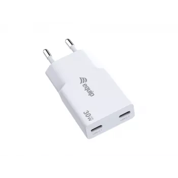 EQUIP 2-Port 30W GaN Slim USB-C PD Lādētājs — 2 USB-C porti, 100–240V ieeja, max 20V izvade, balts