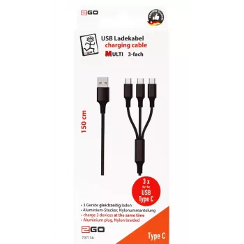 USB kabelis 2GO 797156 1.5m USB B 3 x USB C Melns