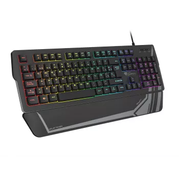 Spēļu tastatūra GENESIS Rhod 350 RGB — pilna izmēra 104 taustiņu USB QWERTY, melna, RGB fona apgaismojums, plaukstas balsts