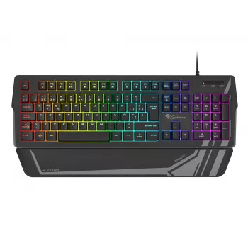 Spēļu tastatūra GENESIS Rhod 350 RGB — pilna izmēra 104 taustiņu USB QWERTY, melna, RGB fona apgaismojums, plaukstas balsts