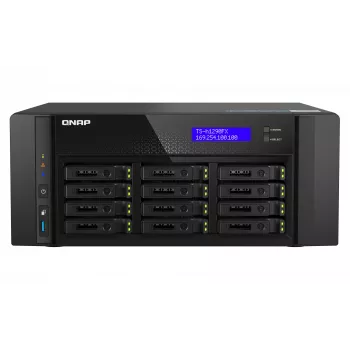 NAS tornis QNAP TS-h1290FX — EPYC 7302P 3.0 GHz, 128 GB DDR4, 12 nodalījumi, QuTS hero, Melns