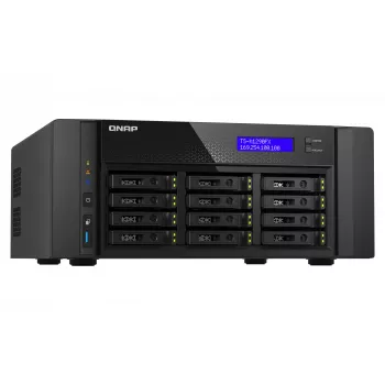 NAS tornis QNAP TS-h1290FX — EPYC 7302P 3.0 GHz, 128 GB DDR4, 12 nodalījumi, QuTS hero, Melns