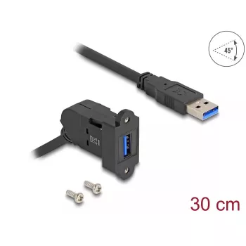 DeLOCK USB 5 Gbps USB-A panelmontāžas ligzda 45° leņķī uz USB-A spraudni ar 30 cm kabeli melna