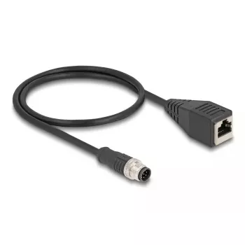 Tīkla kabelis DeLOCK M12 A-kodēts 8 kontaktu vīriešu savienotājs uz RJ45 sieviešu Cat5e 0,5 m Melns