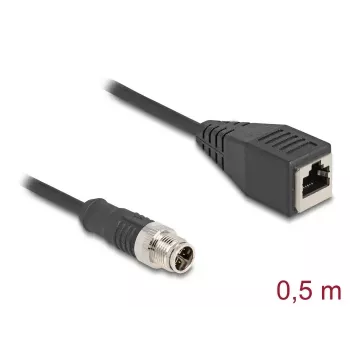 DeLOCK M12 X-kodēts vīrišķais savienotājs uz RJ45 sievišķo Cat5e tīkla kabelis 0.5 m melns