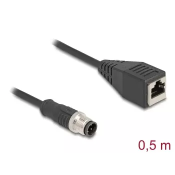 Tīkla kabelis DeLOCK M12 D-kodēts 4-pin vīriešu uz RJ45 sieviešu Cat5e 0,5m Melns