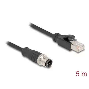 Tīkla kabelis DeLOCK M12 D-kodēts 4 kontaktu vīrišķais uz RJ45 vīrišķo Cat5e 5m Melns