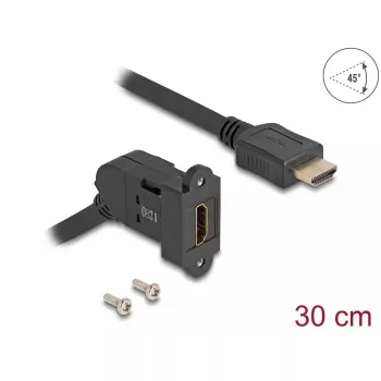 DeLOCK HDMI paneļa stiprinājums sievišķā 45° leņķī uz HDMI vīrišķo 30 cm kabelis 8K 60 Hz melns