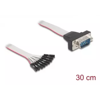 DELOCK plakanais lentkabelis RS-232, 9-pin sievišķais header uz D-Sub 9-pin vīrišķo ar uzgriežņiem, 30 cm, melns/pelēks