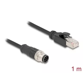DeLOCK M12 A-kodēts 8 kontaktu vīrišķais uz RJ45 vīrišķo Cat5e tīkla kabelis 1m Melns