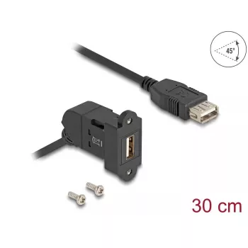 DeLOCK USB 2.0 Type-A paneļmontāžas ligzda 45° leņķī uz Type-A ligzdu ar 30 cm kabeli melna
