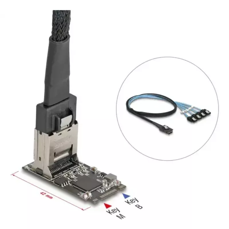 DELOCK iekšējā M.2 uz Mini-SAS adaptera karte 64260, M.2 hosts, Mini-SAS izeja, JMicron JMB585, melna, LED