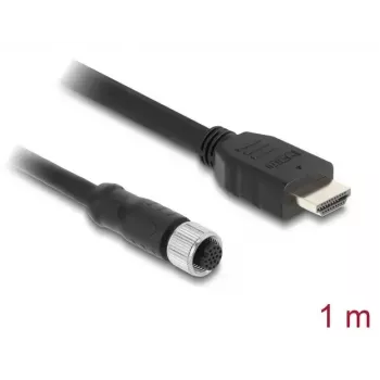 DELOCK M12 A-kodēts 17-pin (sieviete) uz HDMI (vīrietis) kabelis — 1 m, melns