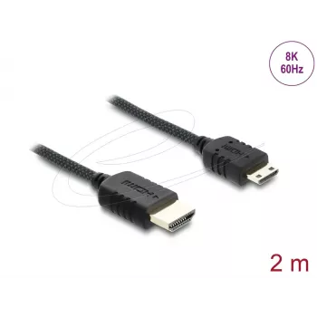 HDMI kabelis DELOCK 81688 — 2 m, HDMI A (vīriešu) uz HDMI C Mini (vīriešu), 48 Gbit/s, līdz 7680×4320, apzeltīti kontakti, melns