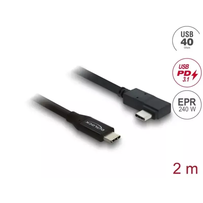 DELOCK koaksiālais USB4 Gen 3x2 40 Gbps USB-C uz USB-C leņķa kreisi/labi PD 3.1 240W 2 m kabelis