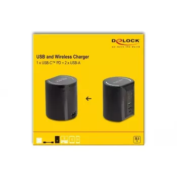 DeLOCK USB un bezvadu lādētājs 1 x USB Type-C PD + 2 x USB Type-A 58 W
