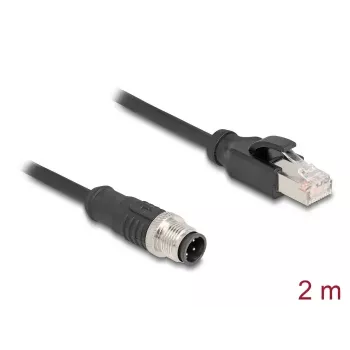 Tīkla kabelis DeLOCK M12 D-kodēts 4-pin vīrietis uz RJ45 vīrietis Cat5e 2 m Melns