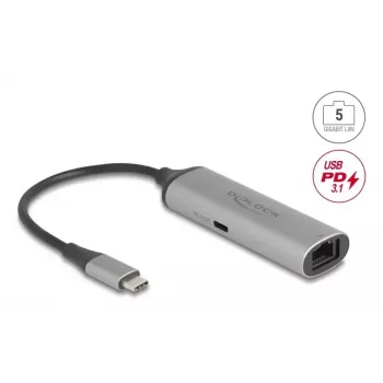 DELOCK 81591 USB Type-C centrmezgls ar RJ-45 2.5/5 Gbps Ethernet un USB Type-C Power Delivery 140W, alumīnijs, antracīts/melns