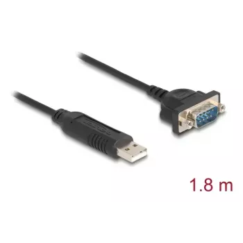DELOCK USB RS-232 Adapter USB 2.0 uz D-Sub 9 vīrišķais ar uzgriežņiem, USB Type-A uz RS-232, 1,8 m, Melns