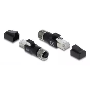 DELOCK M12 D-kodēts adapteris 4-pin sievišķais uz RJ45 spraudni, zeltīti kontakti, melns
