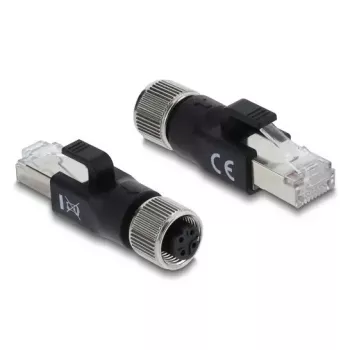 DELOCK M12 D-kodēts adapteris 4-pin sievišķais uz RJ45 spraudni, zeltīti kontakti, melns