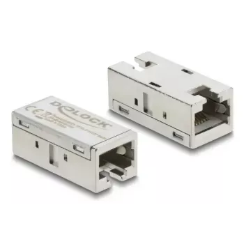 Adapteris savienotājs RJ45 ligzda-ligzda Cat.6A metāls — DELOCK, plakans, sudraba, 15.6×33.1×13.1 mm