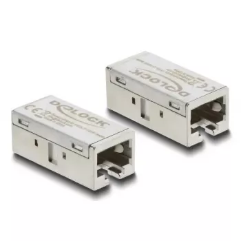Adapteris savienotājs RJ45 ligzda-ligzda Cat.6A metāls — DELOCK, plakans, sudraba, 15.6×33.1×13.1 mm