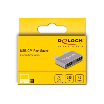 DeLOCK USB-C adapteris 40 Gbps, 2 x vīriešu USB-C uz 2 x sieviešu USB-C, metāla, portu saudzētājs
