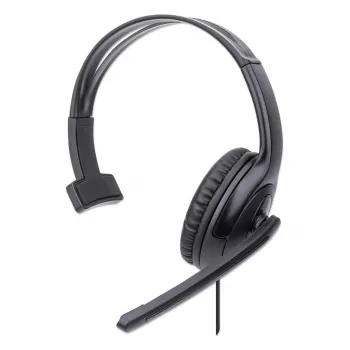 Manhattan Mono Over-Ear Headset (USB) ar mikrofona kociņu, regulējama galvas saite, skaļuma vadība uz vada, 1.5m kabelis, melns
