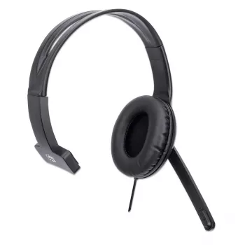 Manhattan Mono Over-Ear Headset (USB) ar mikrofona kociņu, regulējama galvas saite, skaļuma vadība uz vada, 1.5m kabelis, melns